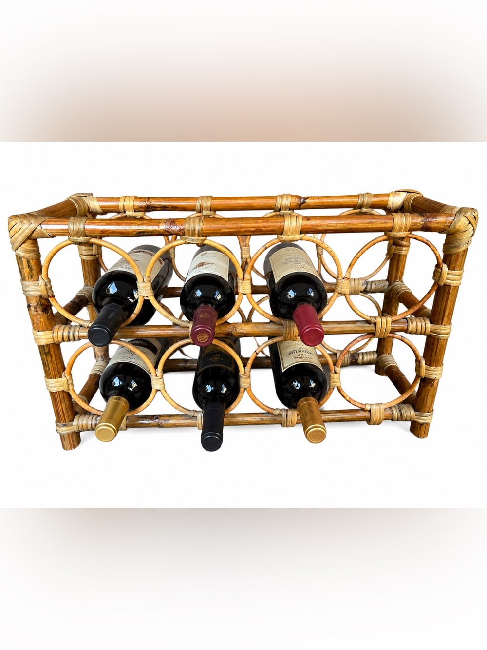 Vintage Rattan Wine Rack Bamboo Wicker Boho Coastal Storage 8 Bottles